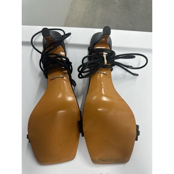 Lonia Black Vegan Leather Open Toe Chain Tie Up Ankle Strap Sandal, 13 - Picture 7 of 11